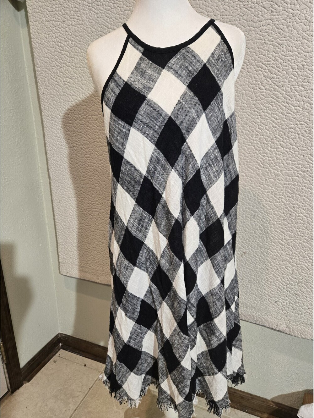 Cloth+Stone Anthropologie Sz L Dress Buffalo Check Fringe Hem Spaghetti...
